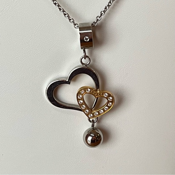 ⭐️ Chisel Stainless Steel, Gold Tone and CZ Double Heart Necklace - 22 Inch - Picture 8 of 9